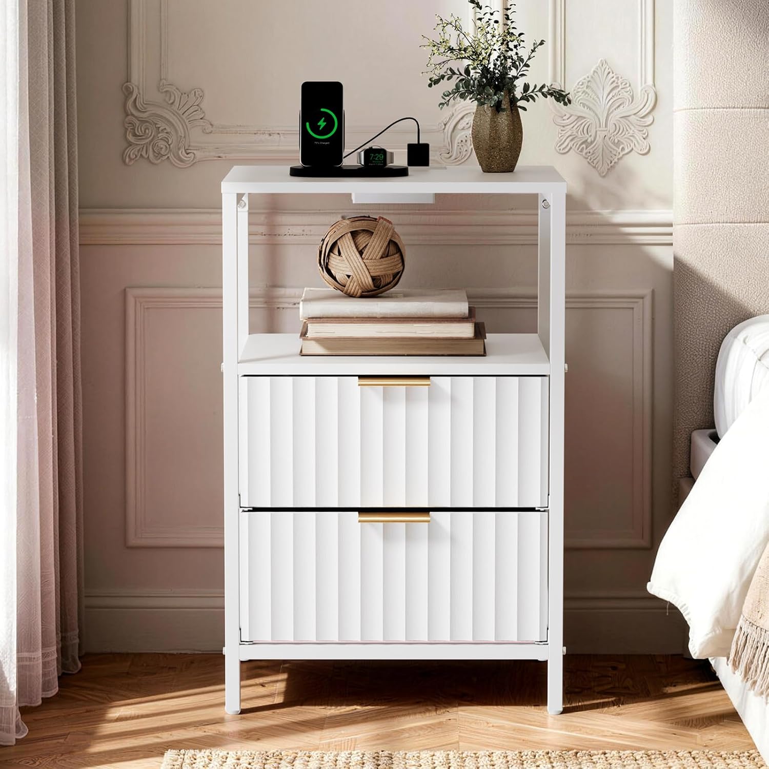 VINGLI White Nightstand with Charging Station and Fabric Drawers, Fluted Nightstand with Drawers, White Side Table/Night Stand with Charging Station for Bedroom, Dorm, 14.96" W*11.81" D*23.78" H