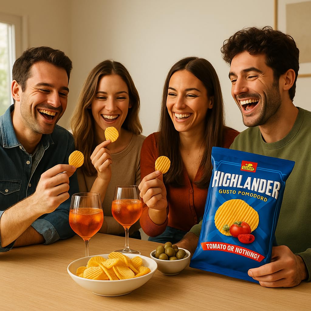 San Carlo Highlander Patatine Gusto Pomodoro – 8 Confezioni da 150g – Croccanti, Ondulate, Sapore Intenso al Pomodoro – Snack Salato Made in Italy
