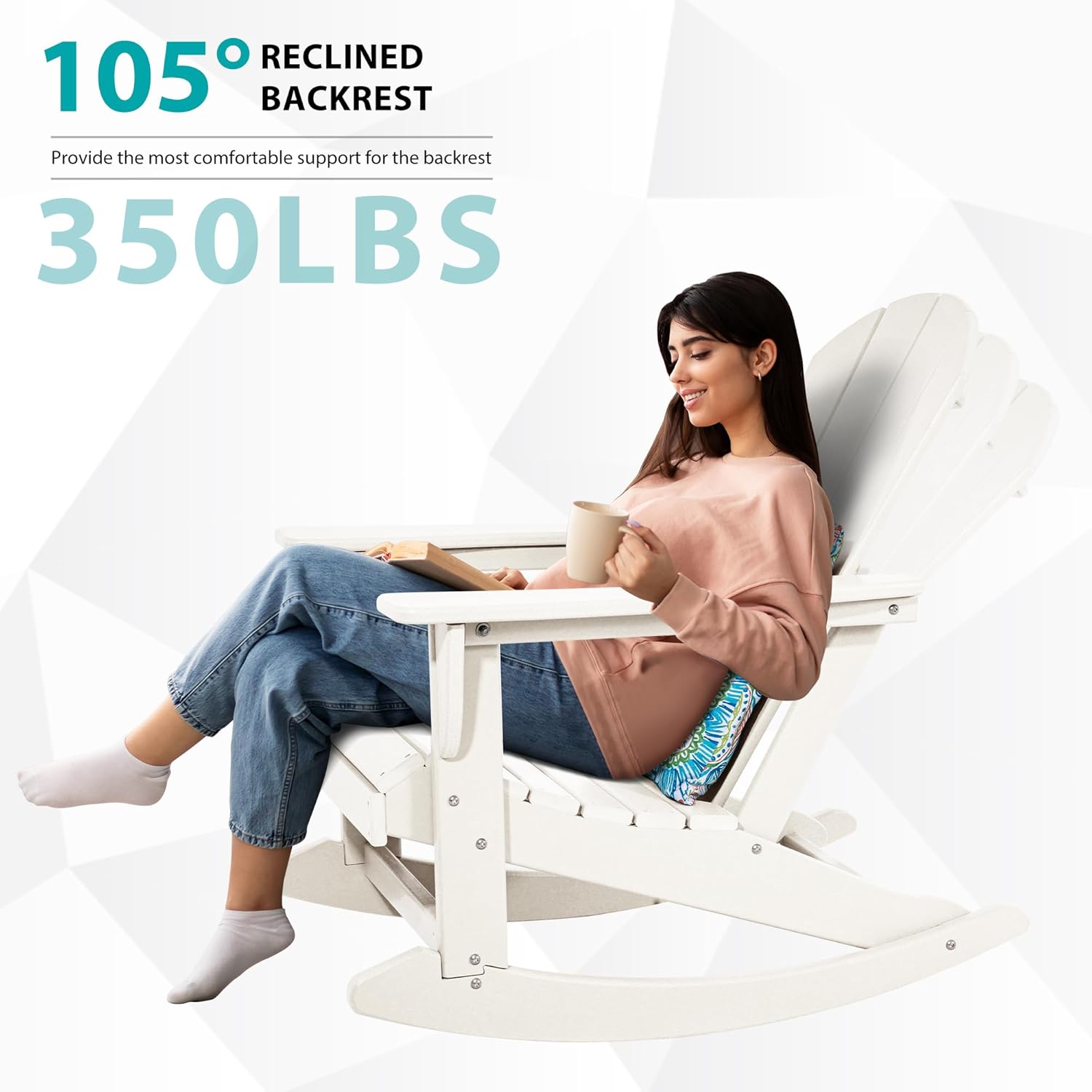 Sundale Outdoor Rocking Chair with Pillow, Patio Plastic All Weather Adirondack Rocker for Proch, Water Resistant for Outside, Garden, Pool, Yard, White