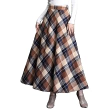 Women's Winter Warm Wool Plaid High Waist A-Line Drape Pleated Maxi Skirts with Pockets