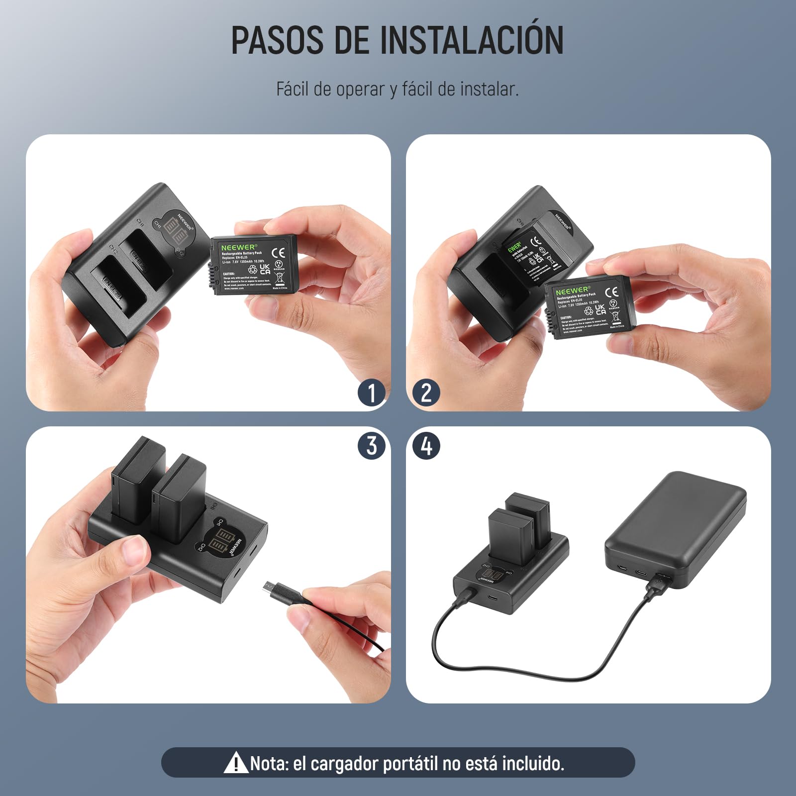 NEEWER EN-EL25 - Batería de Repuesto y Cargador USB, 2 Unidades, 1350 mAh y Cargador USB de Doble Canal Tipo C, Compatible con cámara Nikon Z30 Z50 ZFC 4241 EN-EL25 batería MH-32