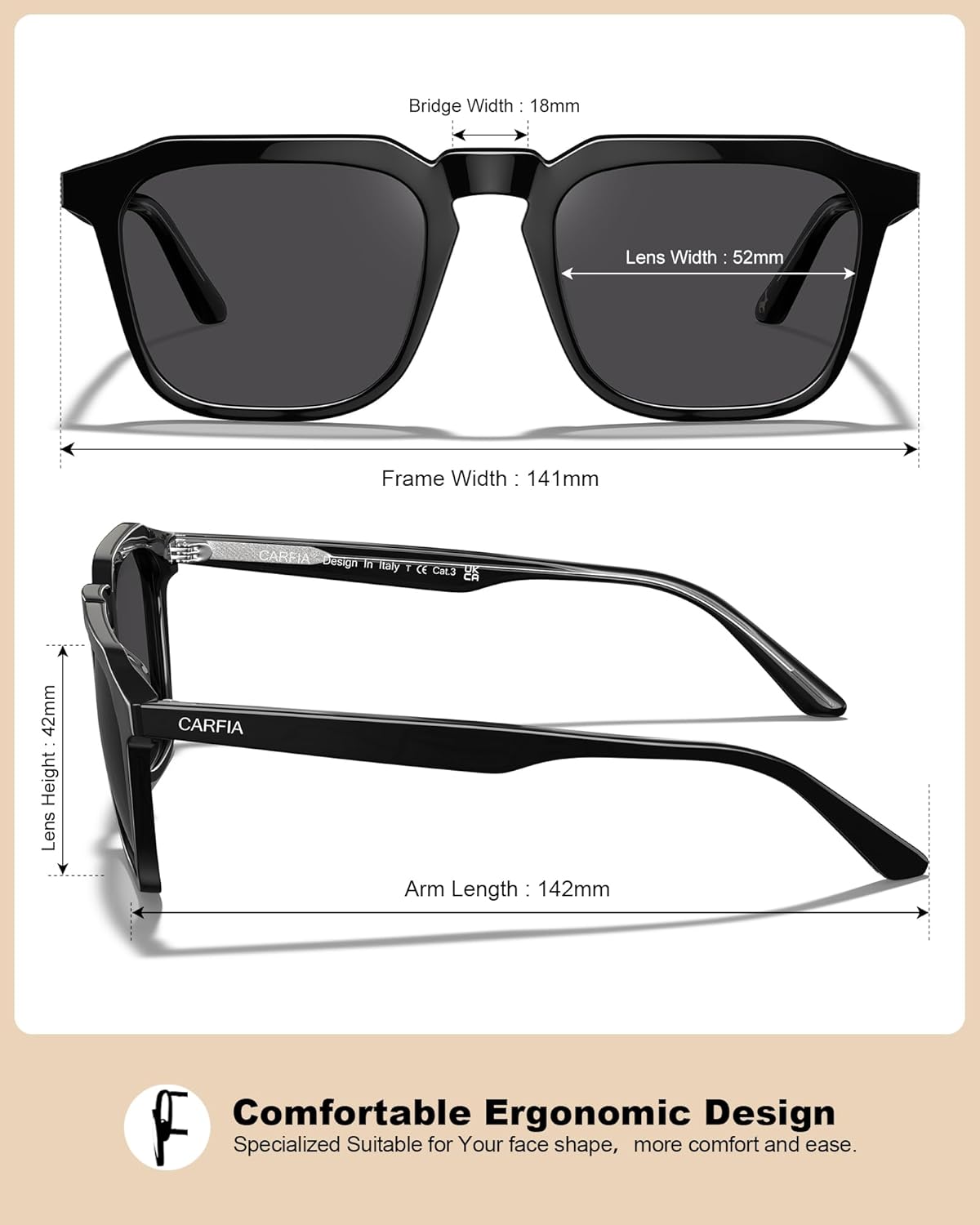 CARFIA Acetate Classic Square Polarized Sunglasses for Men Women UV400 Lenses Hand-crafted Frame Retro Outdoor Sun Glasses - Image 4