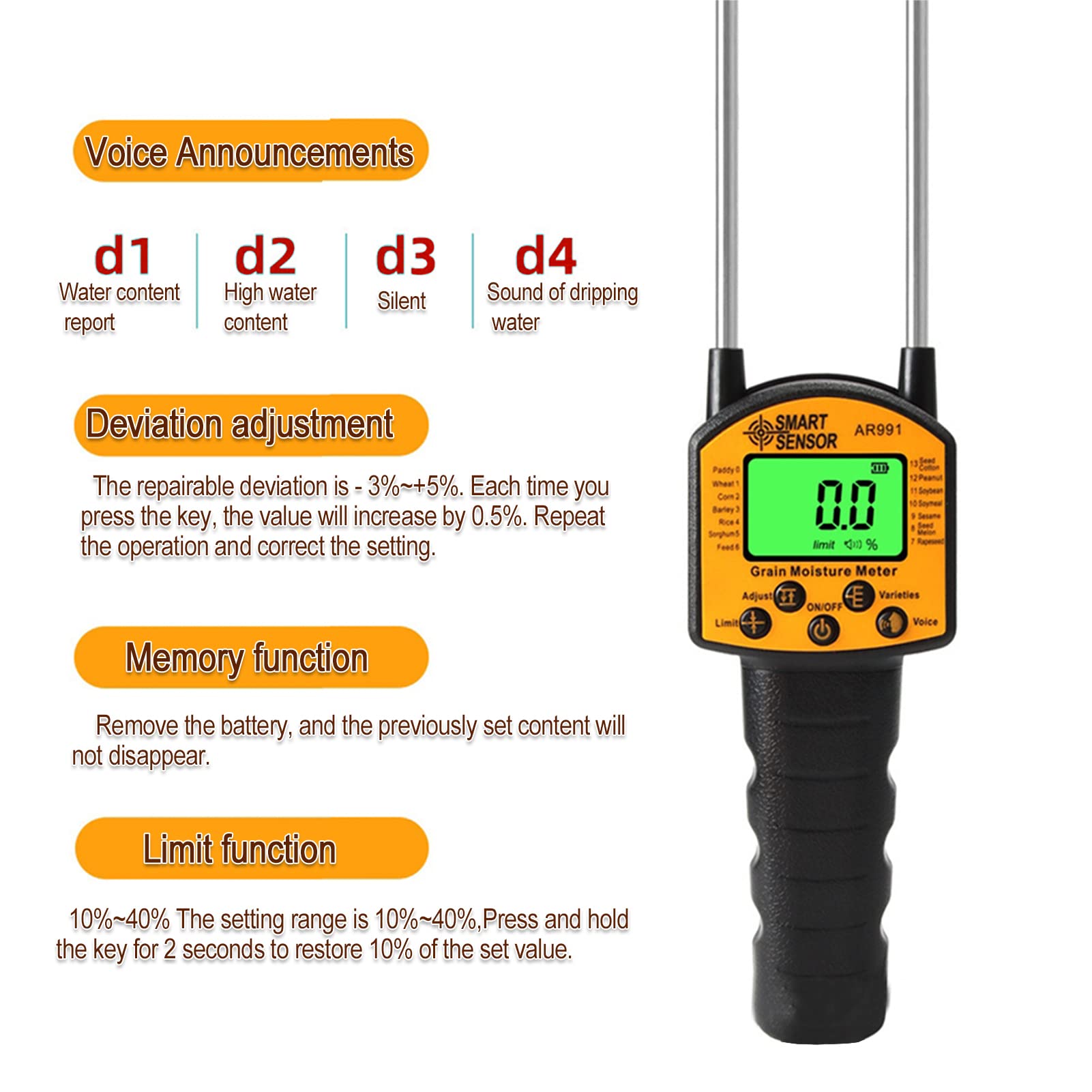 AR991 Humidimètre Numérique LCD pour Grain, Testeur d'Humidité Portable, Analyseur de Teneur en Eau avec Sonde