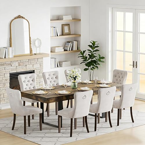 9-Piece Extendable Dining Table Set for 8, 63-78 Inch Rustic Brown Kitchen Tables Set with 8 Beige Tufted Chairs Farmhouse Wood Expandable Dining Room Table Set 8 for Kitchen Dining