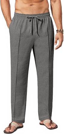 Makkrom Mens Casual Pants Lightweight Summer Beach Dress Pants | Elastic Waist, Drawstring, Straight Leg Pants with Pockets, Loose Pleated Slacks, Stretch Trousers
