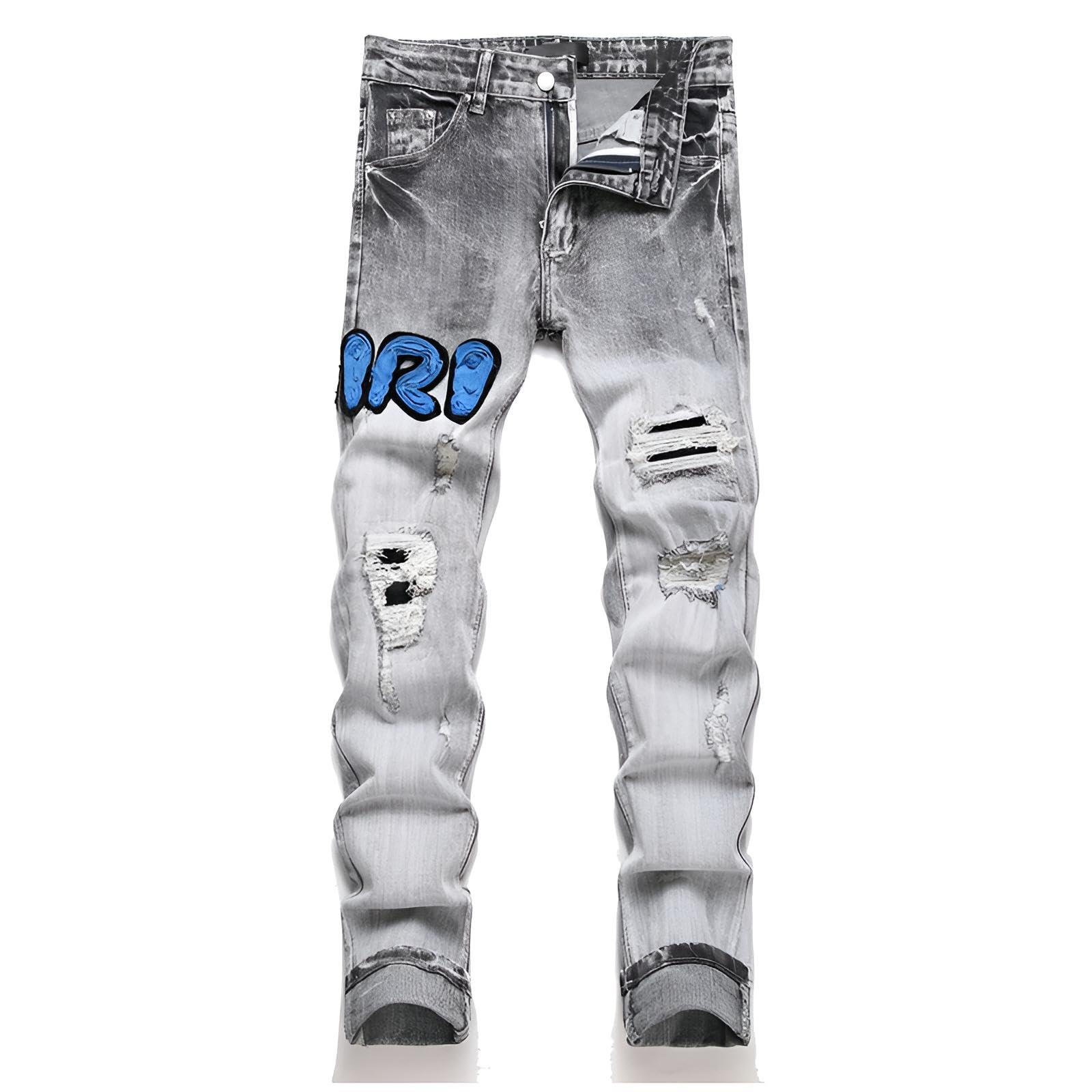 Kdtoll Jeans Slim Fit Strappati Uomo – Denim Elasticizzato Stile Streetwear Y2K Con Design A Spruzzo