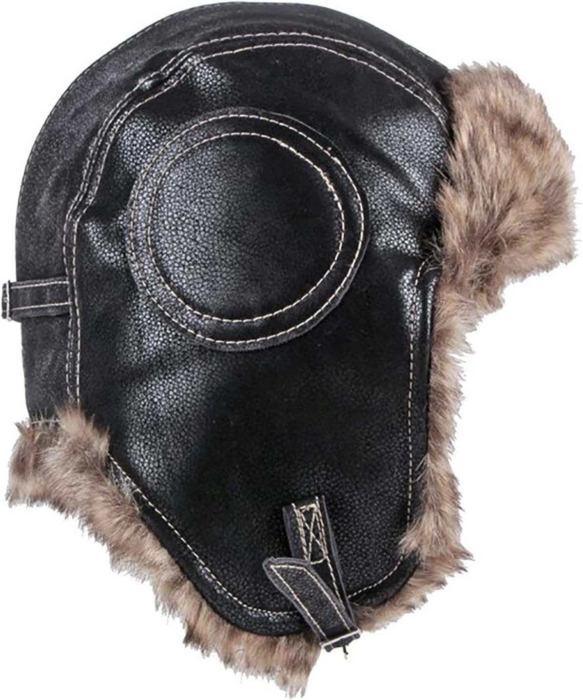 Bomber Hat Mens Trapper Trooper Cap Artificial Leather Aviator Bomber Hat with Chin Strap Winter
