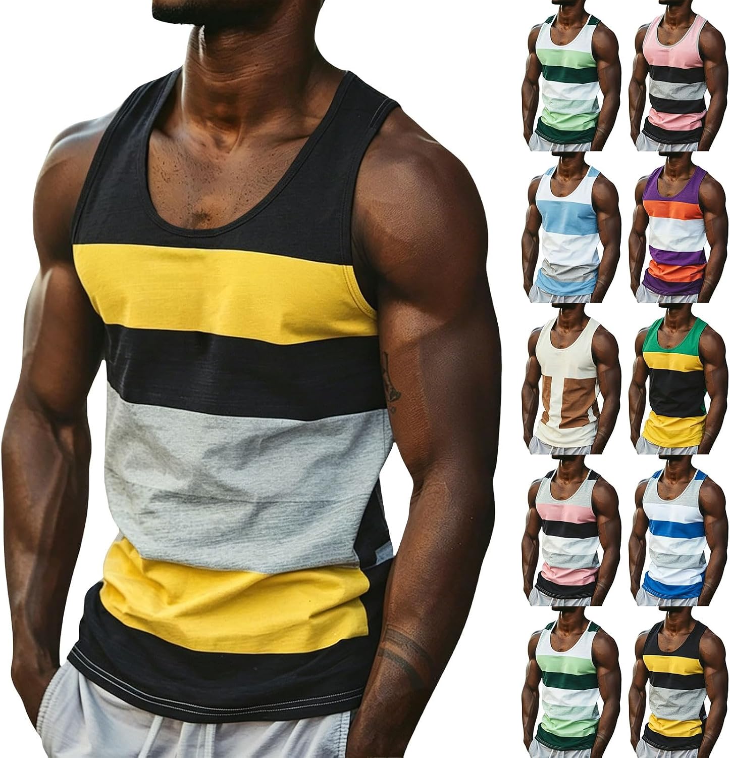 Mens Plus Size Color Block Tank Tops Fashion Striped Tees Men Casual U Neck Sleeveless Shirts Outdoor Trendy Clothing