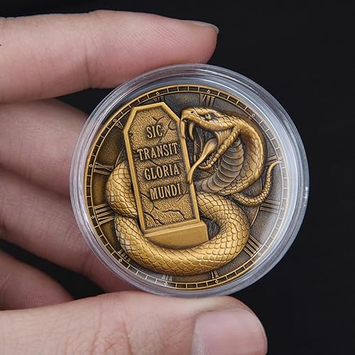 Miniatura 8 de Moneda Memento Mori - Diseño de la parca y serpiente, diseño de reloj de arena y lápida, vitrina incluida, ideal para entusiastas y regalos (moneda