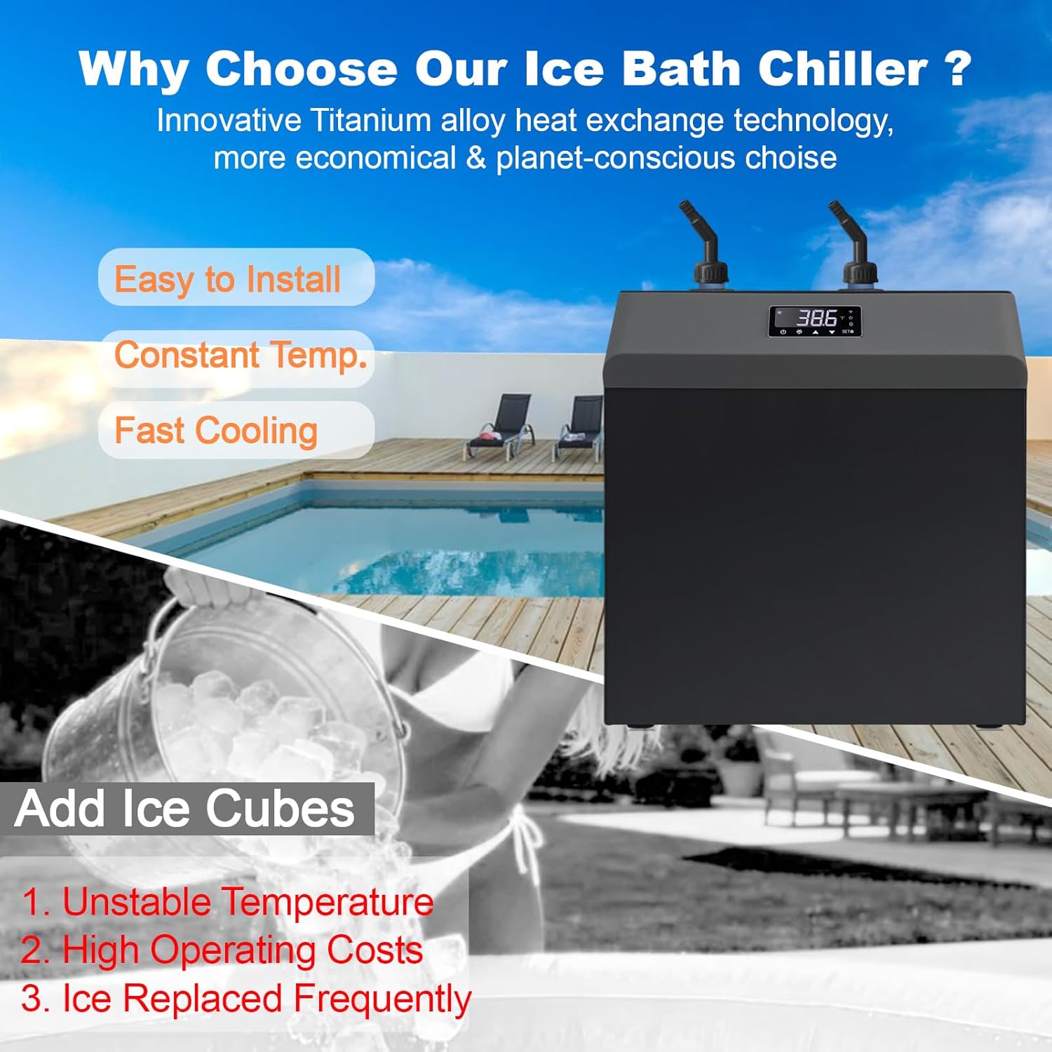 1/2 HP Aquarium Chiller, 132 Gallon Water Chiller for Cold Plunge & Ice Bath, Quiet Refrigeration Compressor System for Hydroponics, Axolotl,Coral Reef and Fish Tank