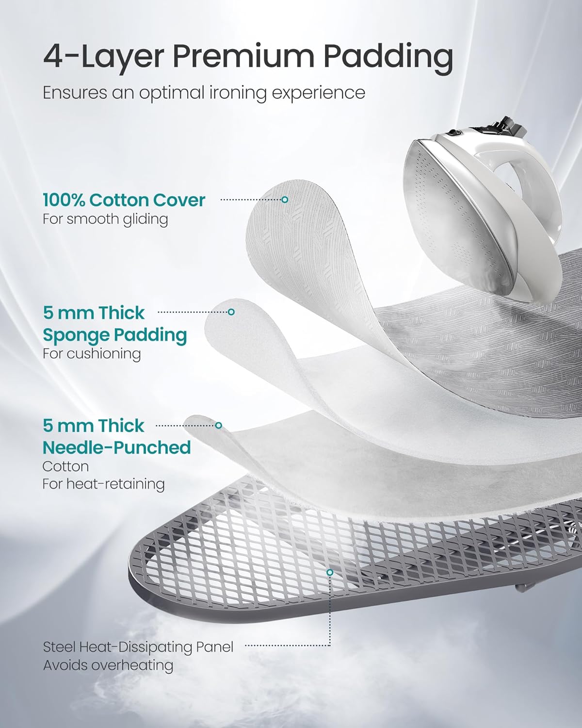 SONGMICS Ironing Board, Retractable Iron Rest, Foldable Iron Board, 43 x 13 Inches, Space-Saving, Height Adjustable, Padded with Cover, Hook, Dove Gray ULLB003GD02S