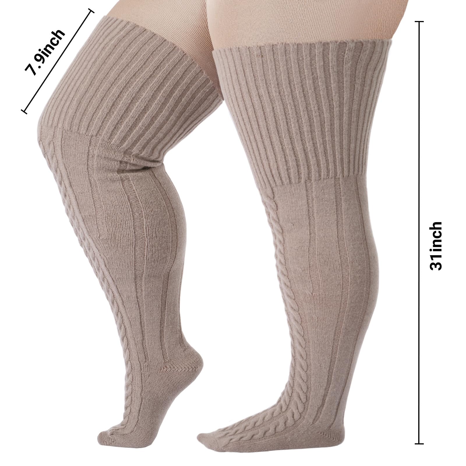 Wool Plus Size Thigh High Socks For Thick Thighs- Extra Long Womens Warm Cable Knit Over Knee Stockings Leg Warmers