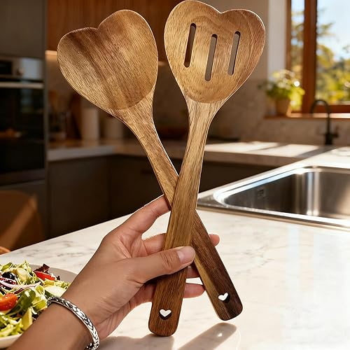 Miniatura 8 de Juego de 2 cucharas de madera con forma de corazón para cocinar, cuchara de madera en forma de corazón, mango largo, utensilios de cocina de