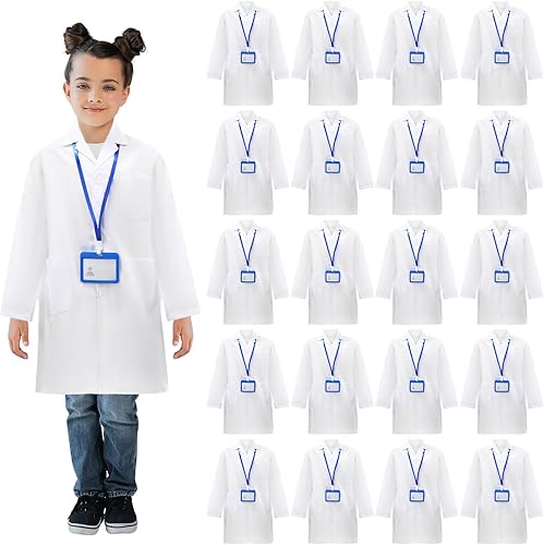 Miniatura 1 de Juego de 18 abrigos de laboratorio para niños, disfraz blanco de científicos con tarjeta de identificación para niños, juego de rol, carrera, día de