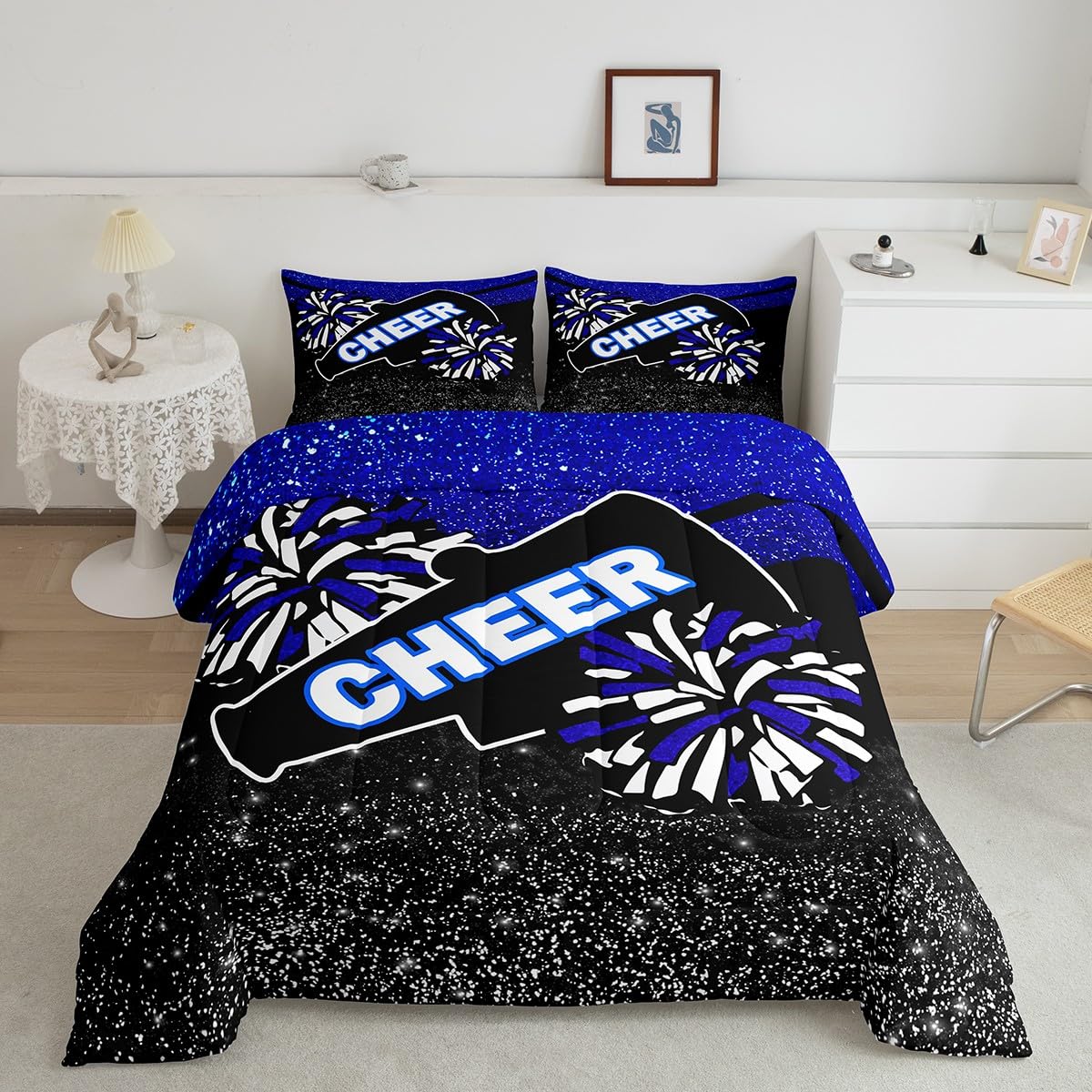 Feelyou Blue Cheer Comforter Set Dreamy Girly Gymnastic Sports Comforter for Kids Boys Girls Gymnastics Lovers Bedding Set Glitter Cheer Sports Duvet Set Room Decor Quilt King Size Boys