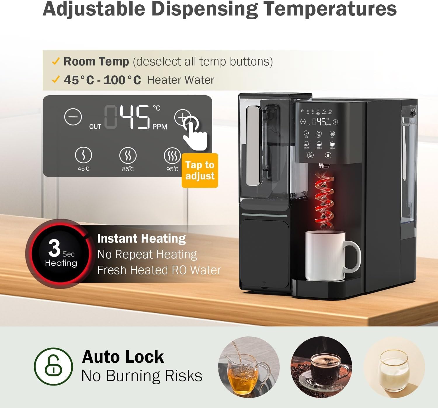 Frizzlife WB99-H Système d'osmose inverse de comptoir, distributeur d'eau chaude instantanée, Eau alcaline avec pichet, éléments certifiés NSF/ANSI 58, température & volume réglables, surveillance TDS
