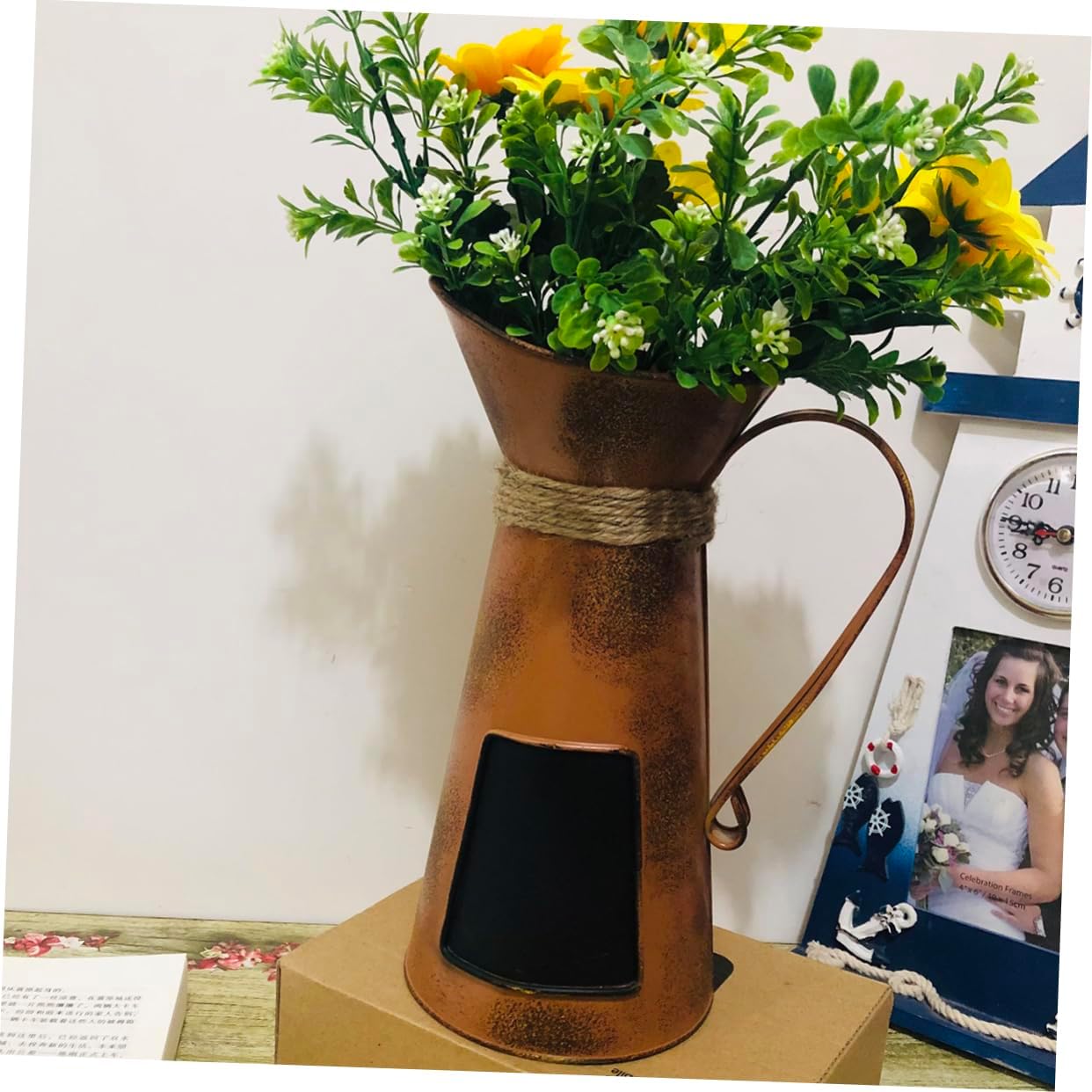 Stainless Pitcher with Blackboard Dried Flower Container Orange Desktop Decoration for Living Room and Balcony