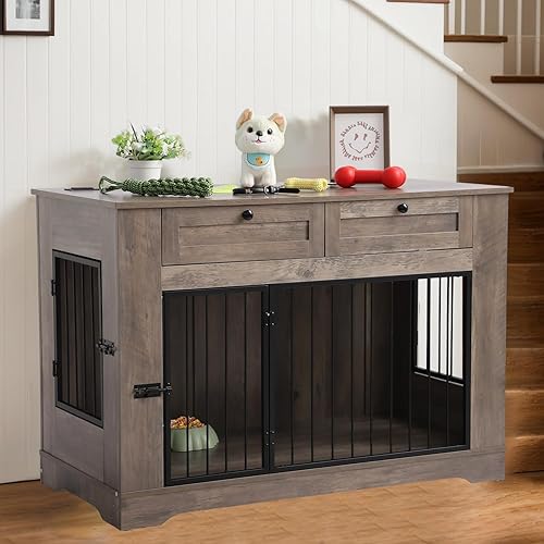 Miniatura 19 de Muebles grandes para jaula para perros, jaula decorativa resistente para interiores, mesa auxiliar de madera para perros con estación de carga, casa