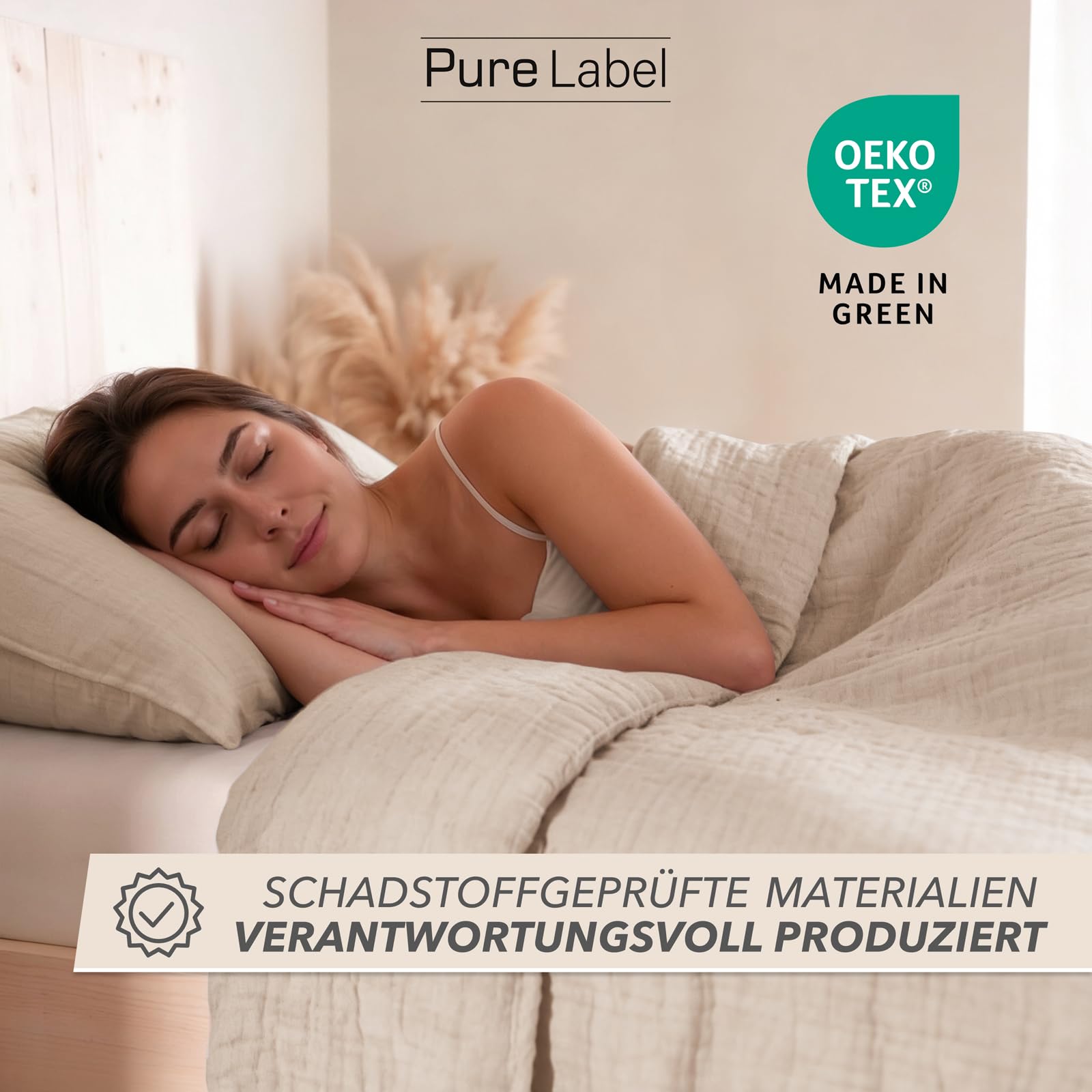 Pure Label Musselin Bettwäsche 135x200 4 teilig bestehend aus Bettbezug 135 x 200 cm 2er Set + Kissenbezug 80x80 cm 2er Set aus Baumwolle - Traumhaft kuschelige Bettwäsche-Sets in beige