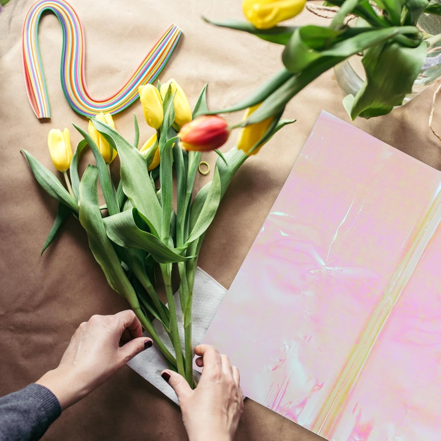 VERDANVERSE Waterproof Iridescent Flower Packing Paper, 10 Sheets Cellophane Wrapping Film for Floral Bouquets and Packaging