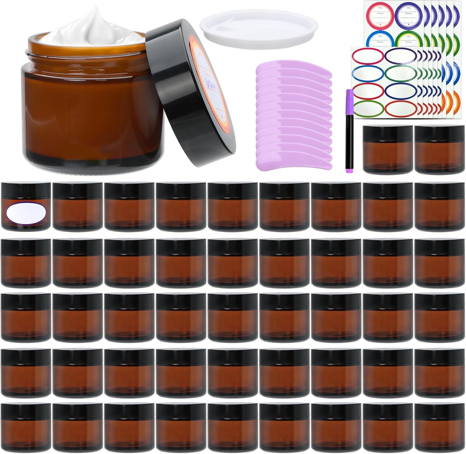 2oz Small Travel Containers with Black Lids,48 Pack Amber Glass Jars with Mini Disposable Spatula for Toiletries，Travel Storage，Makeup Beauty Products, Lotions, Powders and Ointments