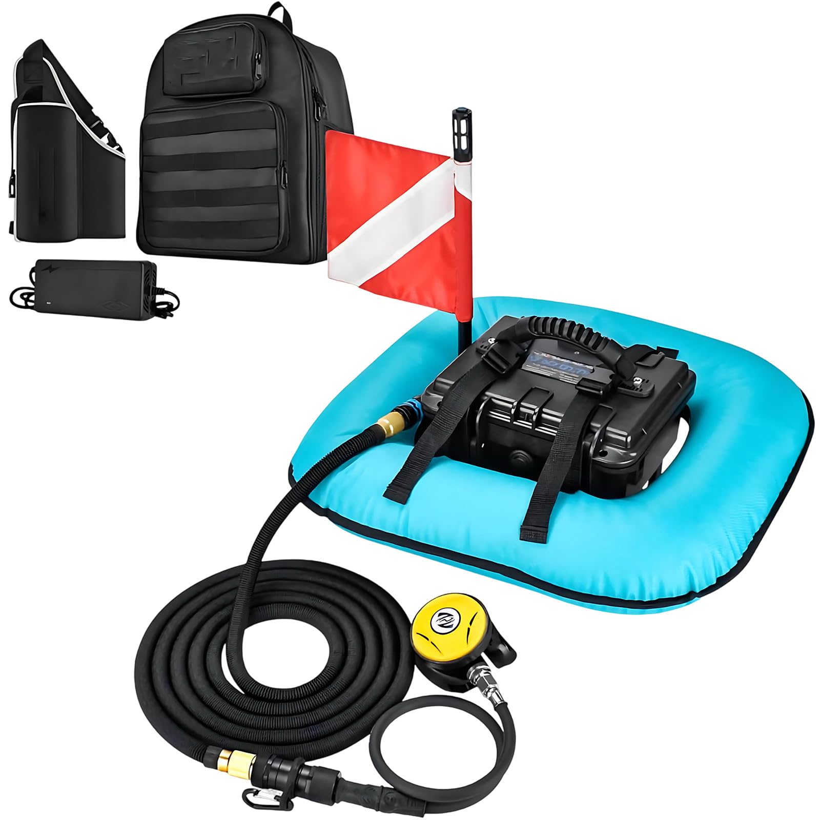 LADECNERHT Diving Ventilator, Rechargeable Scuba Diving System, with 33ft Hose & Diving Breathing Regulator Scuba Diving System, 52L/Min Air Supply, for Recreational Diving Fishing Blue-Basic