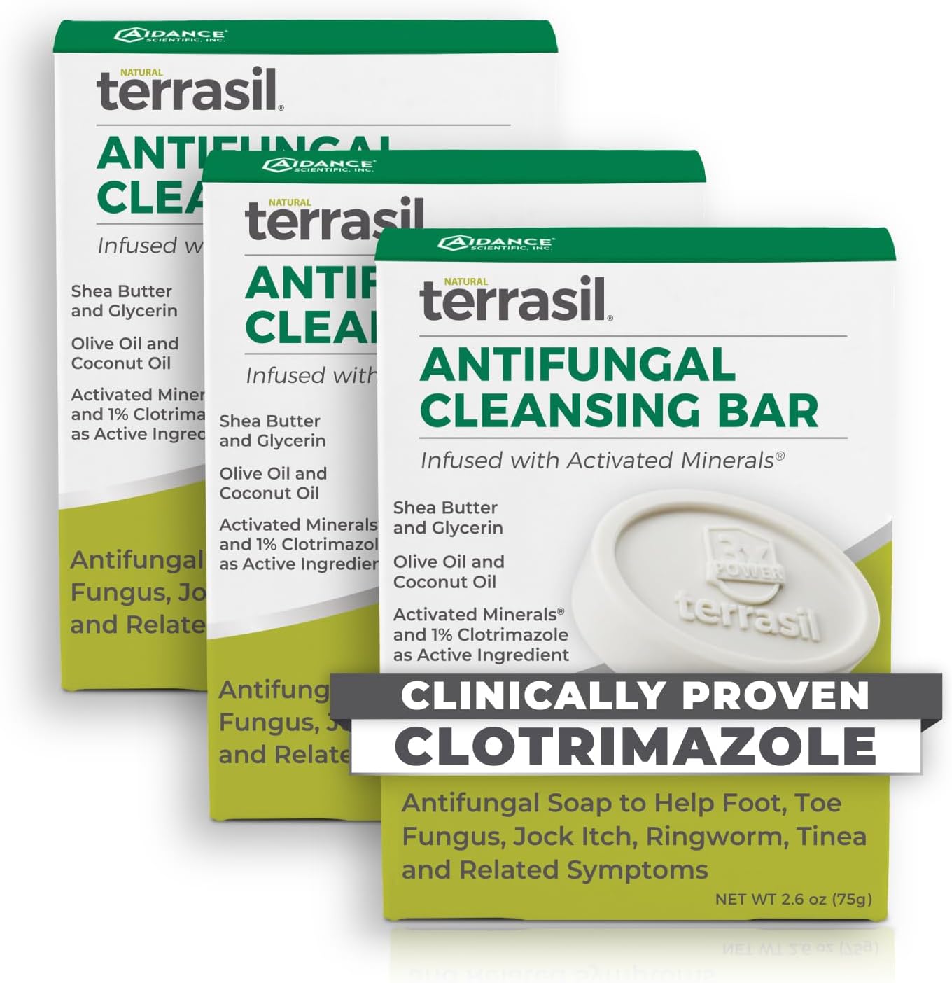 terrasil Antifungal Soap with Clotrimazole| Men & Women| Relieves Yeast Infection, Ringworm, Jock Itch & Athletes Foot Symptoms| Natural, Dermatologist Tested & Hypoallergenic Soap (3-Pack, 75g Each)