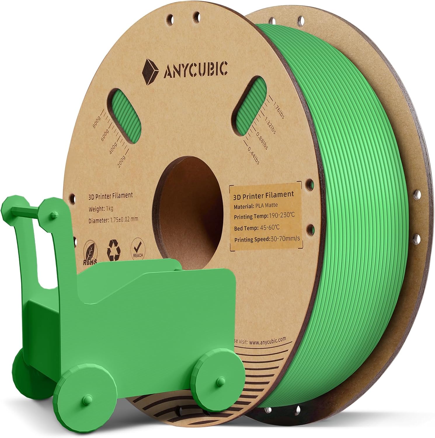ANYCUBIC Matte PLA Filament 1.75mm, 3D Printing PLA Filament 1.75mm Dimensional Accuracy +/- 0.02mm, 1KG Spool (2.2 lbs), Matte Green