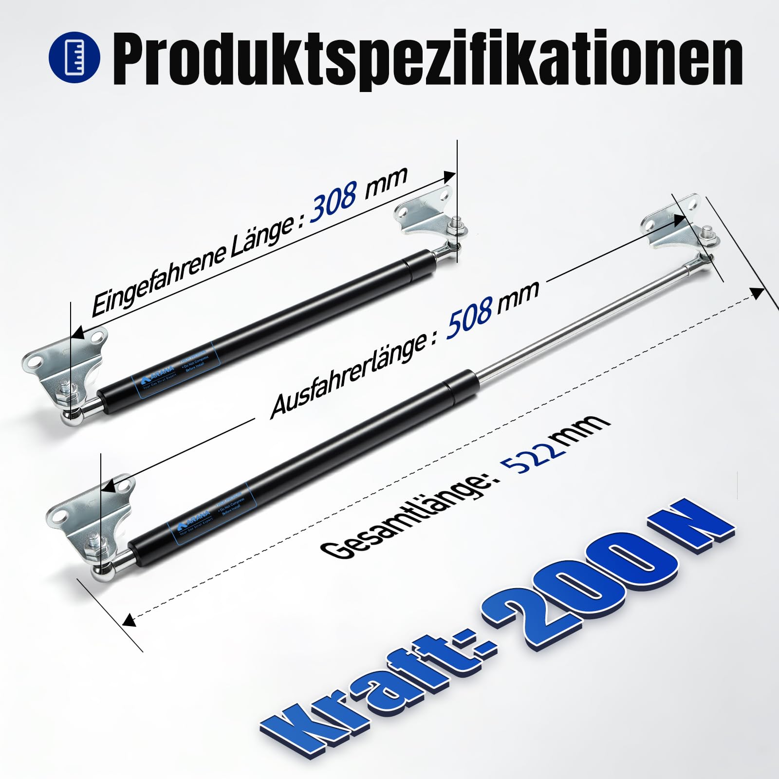 ARANA Gasdruckfeder 500mm 200N 20KG L-Typ Hydraulisch Halterung 2 Stück