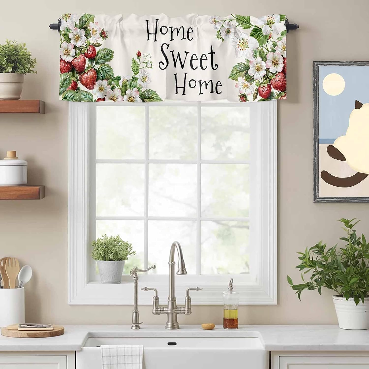 Savannan Window Valance Curtain, Rustic Farmhouse Strawberry Flower Rod Pocket Short Curtain Valances for Kitchen Cafe Bedroom Living Room 1 Panel, 54x18in Summer Pastoral Fruit Floral