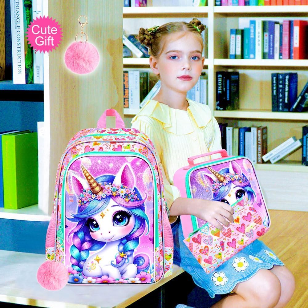 CCJPX 3Pcs Unicorn Backpack for Girls, 16” Kids Bookbag with Lunch Box, Water Resistant Elementary School Bag for Kindergarten Preschool Toddler (Pink) - Image 2