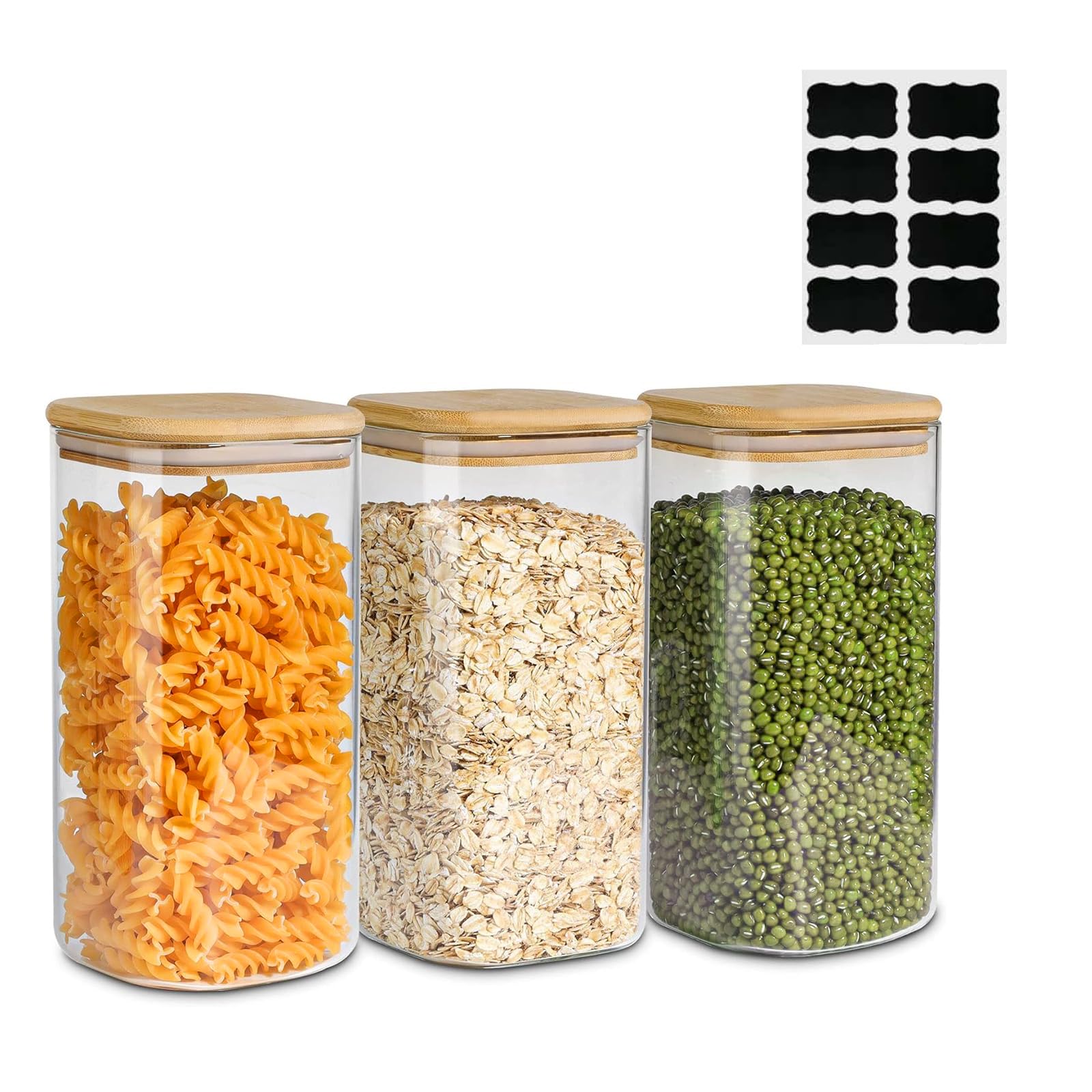 Eidoct Transparent Glass Food Storage Jars 1500Ml, Glass Storage Containers With Lids Clear Food Storage Container Jar With Sealing Lid For Noodles Flour Cereal Rice Sugar Tea Coffee Beans, Set Of 3 (Square)