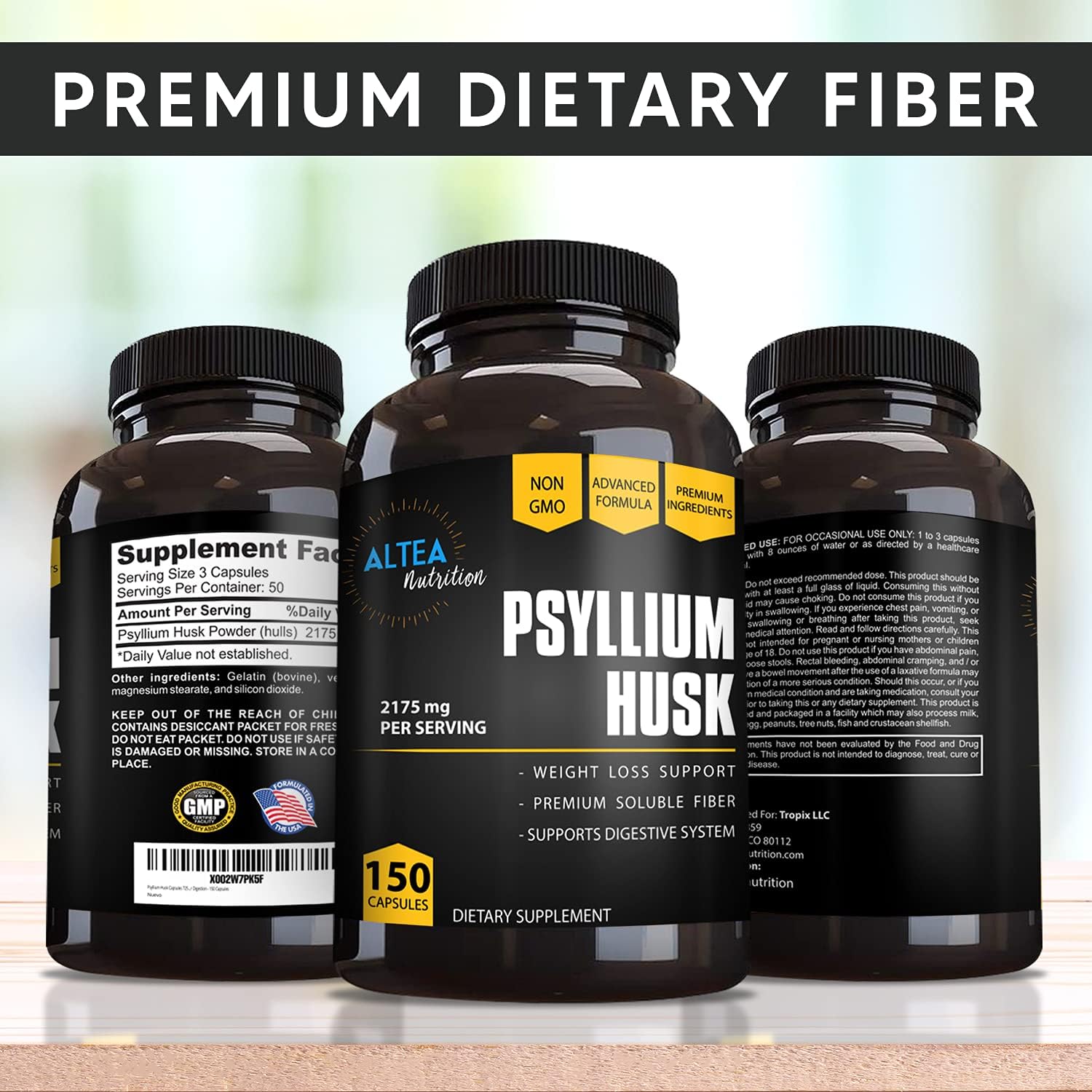 Altea Nutrition Psyllium Husk Capsules 725 mg, Plant Based, Sugar-Free, Non-GMO, Natural Soluble Fiber Supplement for Digestion - 150 Capsules : Health & Household