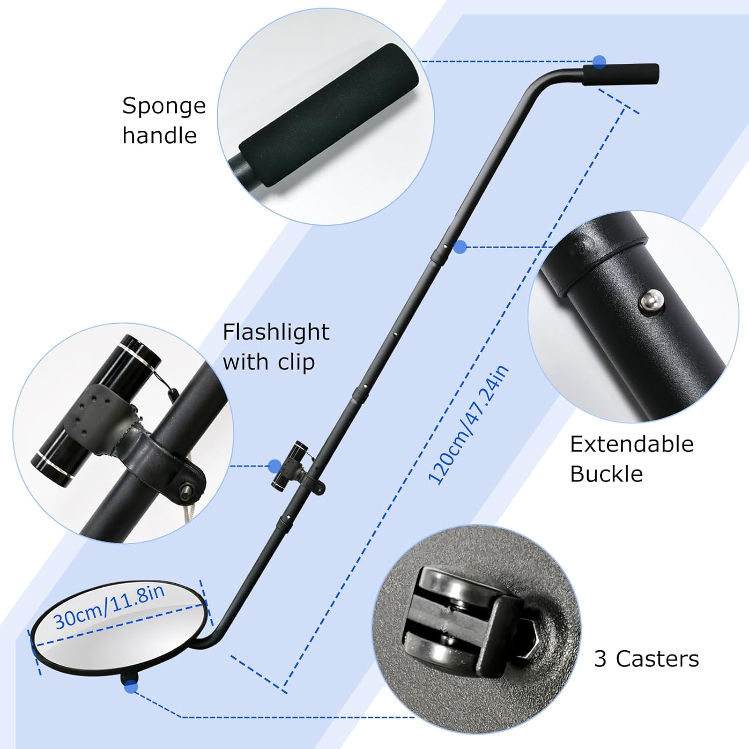 Under Vehicle Inspection Mirror - 12 Inch Convex Search Mirror with Wheels and LED Light for Security Check Under Cars, Trucks and Equipments