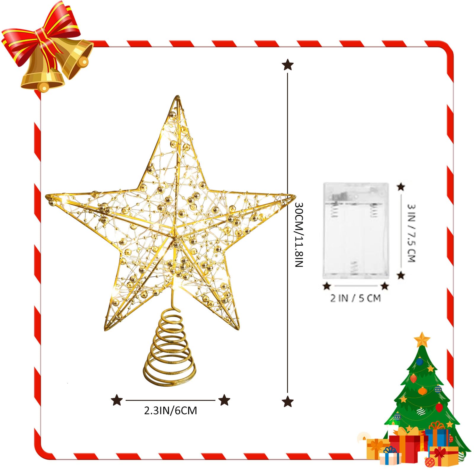 Cimier de sapin de Noël doré pailleté avec 20 lumières LED pour décorations de Noël, décorations de vacances, décoration d'intérieur - 25,4 cm