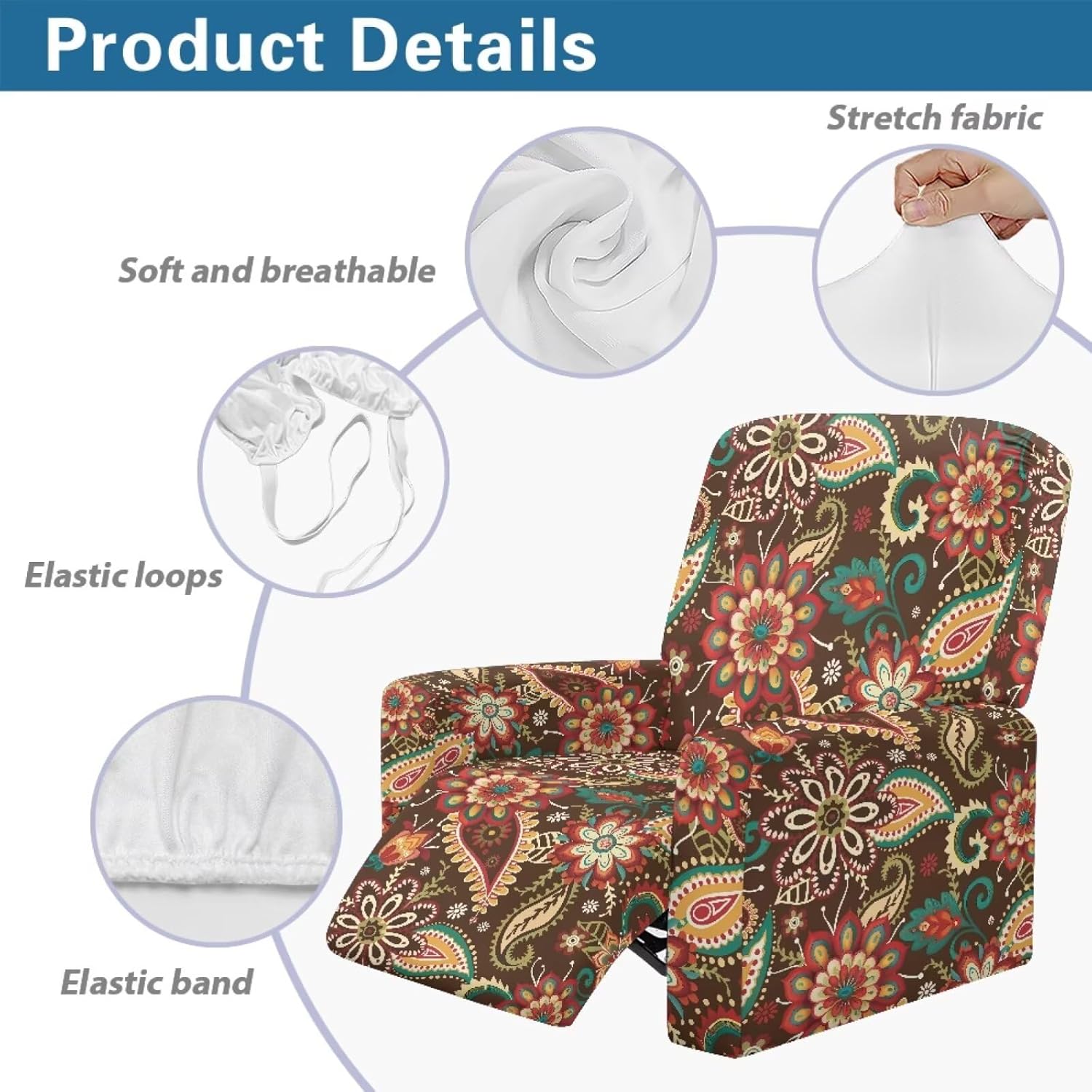 Xoenoiee Bohemian Mandala Paisley Flower 4 Piece Recliner Chair Cover Stretch Lazy Boy Chair Covers with Pockets Soft Reclining Sofa Slipcovers Furniture Protector with Elastic Bottom