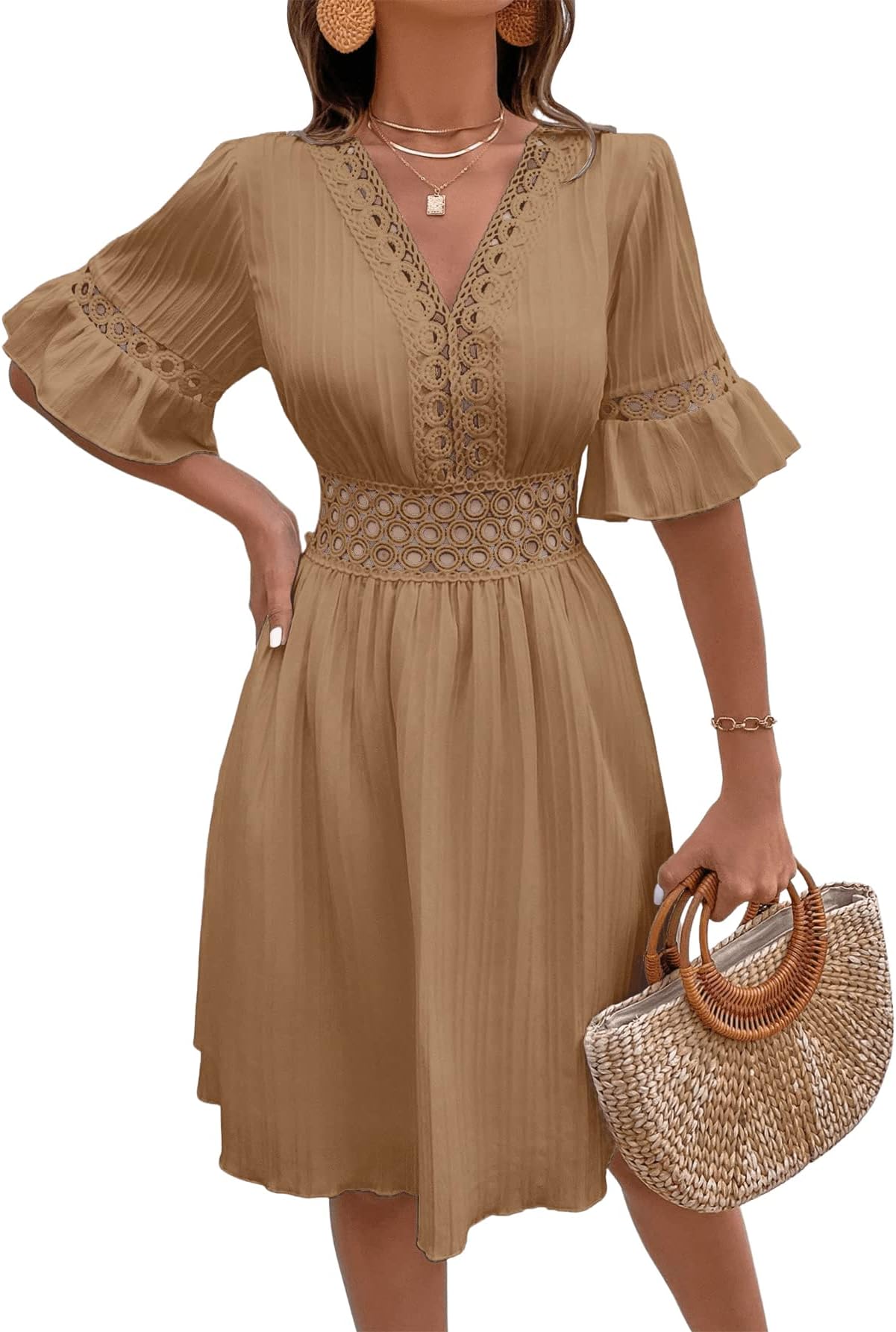 SweatyRocksWomen's V Neck Ruffle Short Sleeve A Line Dress Casual Boho Lace Insert Knee Length Dresses