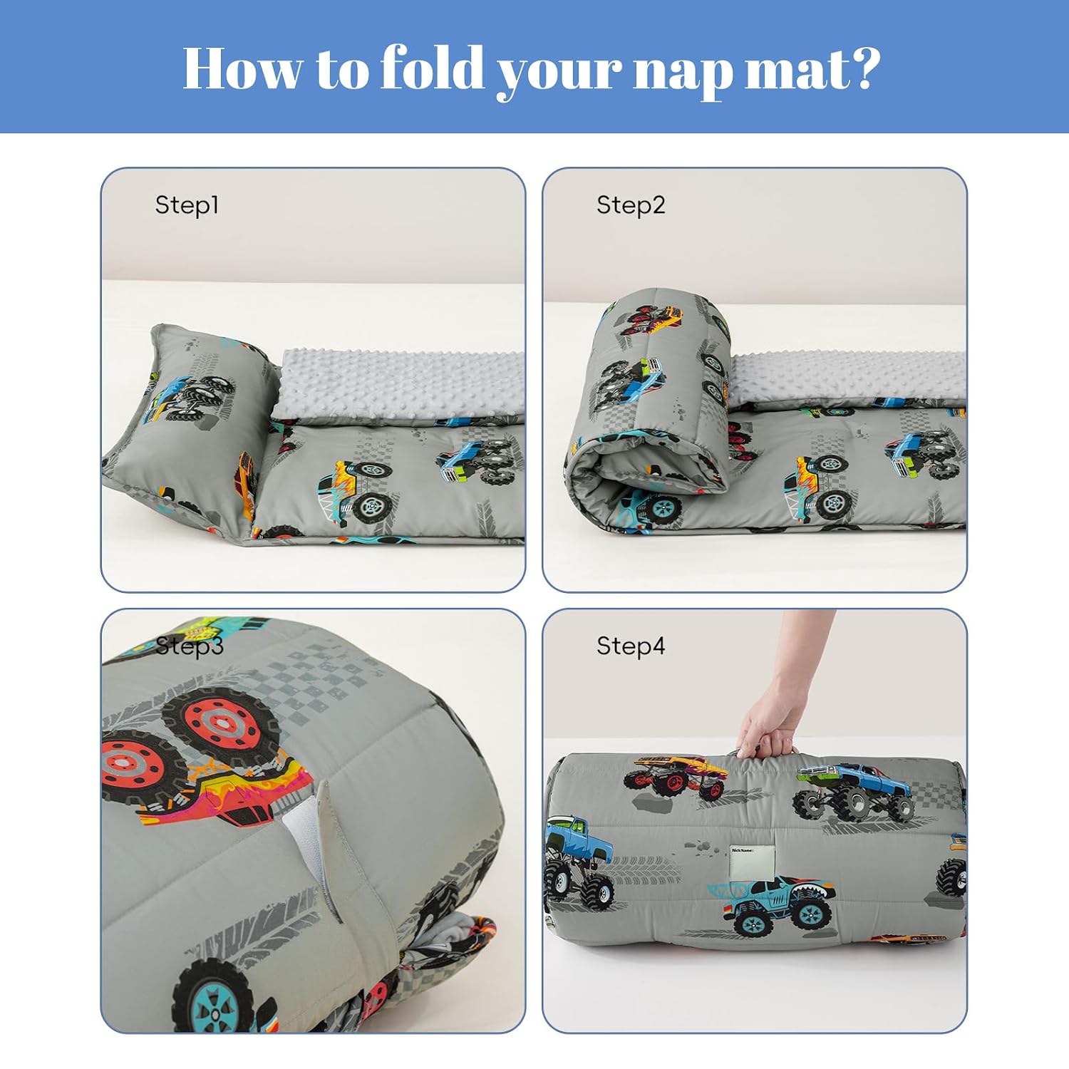 PHF Toddler Nap Mat with Removable Pillow and Minky Blanket, Rollup Design Kids Sleeping Mat, Slumber Bags for Boys, 55"x23" Toddler Sleeping Bag for Daycare Preschool Travel Camping, Truck Cars