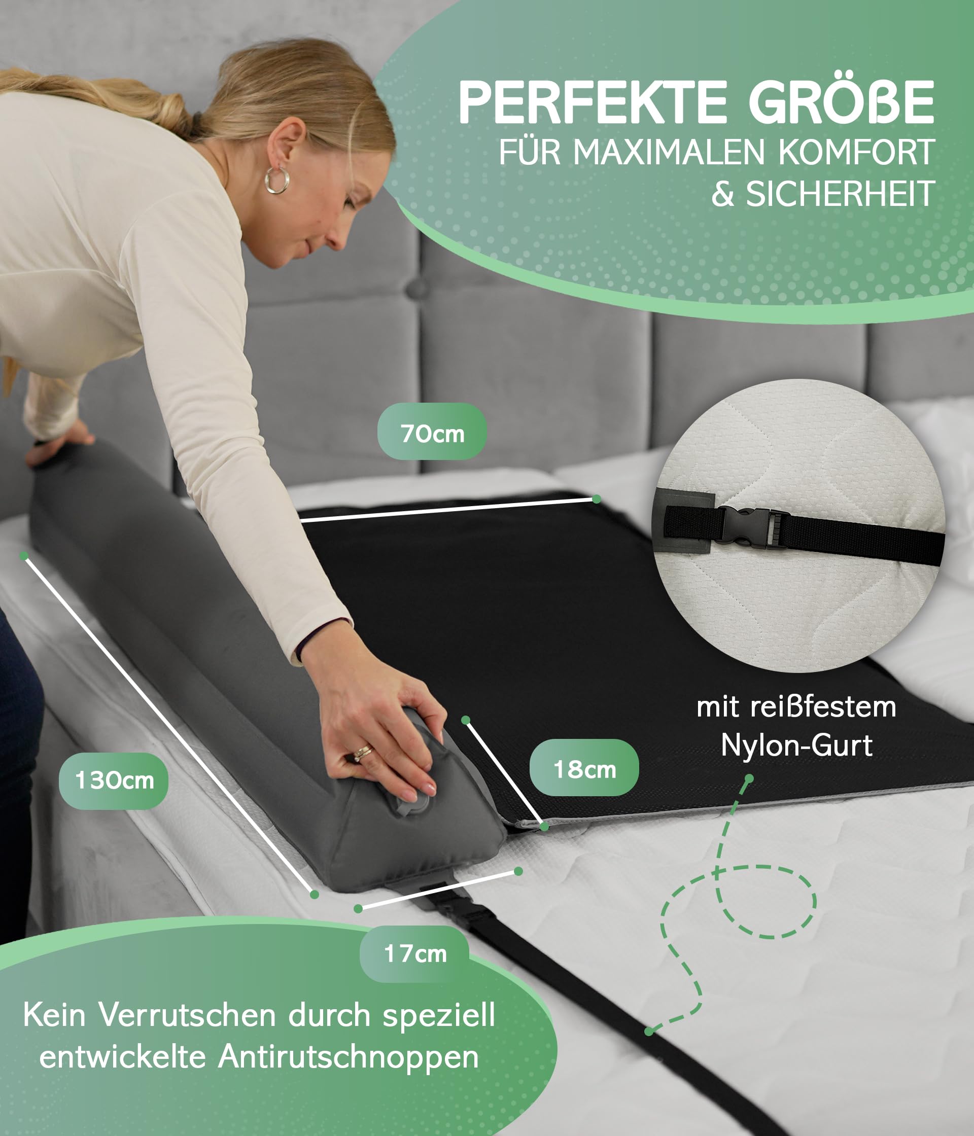 RAWVEL® Rausfallschutz aufblasbar 130cm Premium - [NEU 2025] - passend für alle Betten Zuhause & auf Reisen - Rausfallschutz Bett Reise BPA Frei & Laborgeprüft + Nylongurt (1er Set)