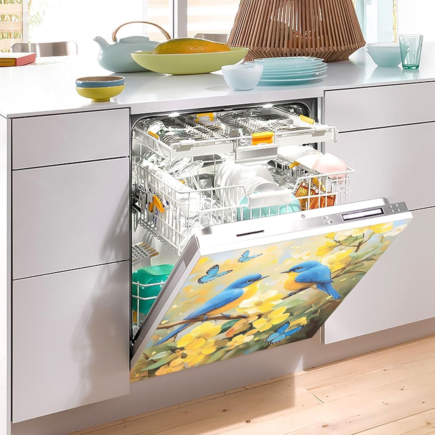 Dishwasher Magnet Cover Large Magnetic Stickers Two Blue Birds Front Dishwasher Cover for Home Kitchen Refrigerator Decorative Lid