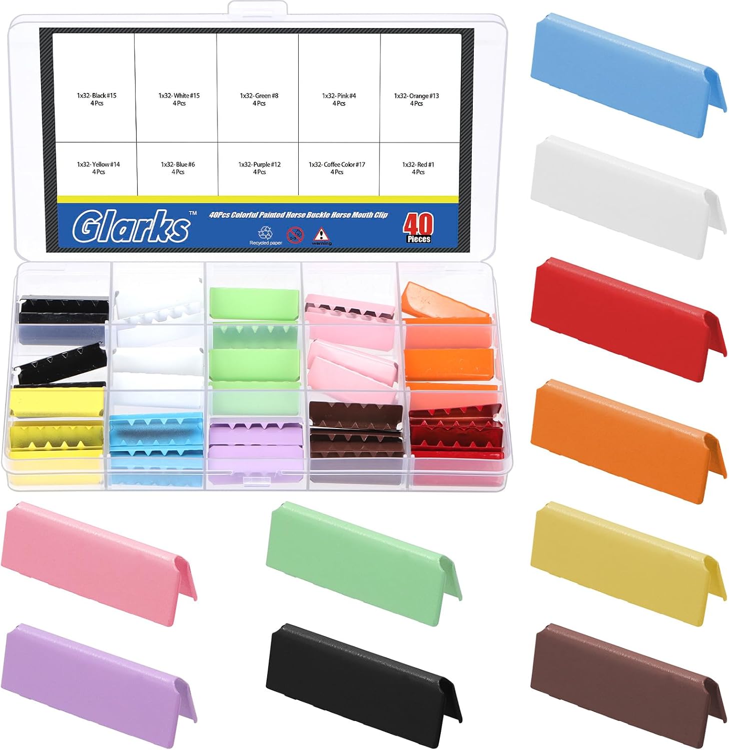 Glarks 40pcs 32 x 10mm Ribbon Cord Crimp Ends Kit, 10 Colors Fold Over Crimp End Caps, Crimps Fastener Ribbon Ends, Ribbon Ends with Clamps for DIY Craft, Jewelry Making, Repair Belt Ending