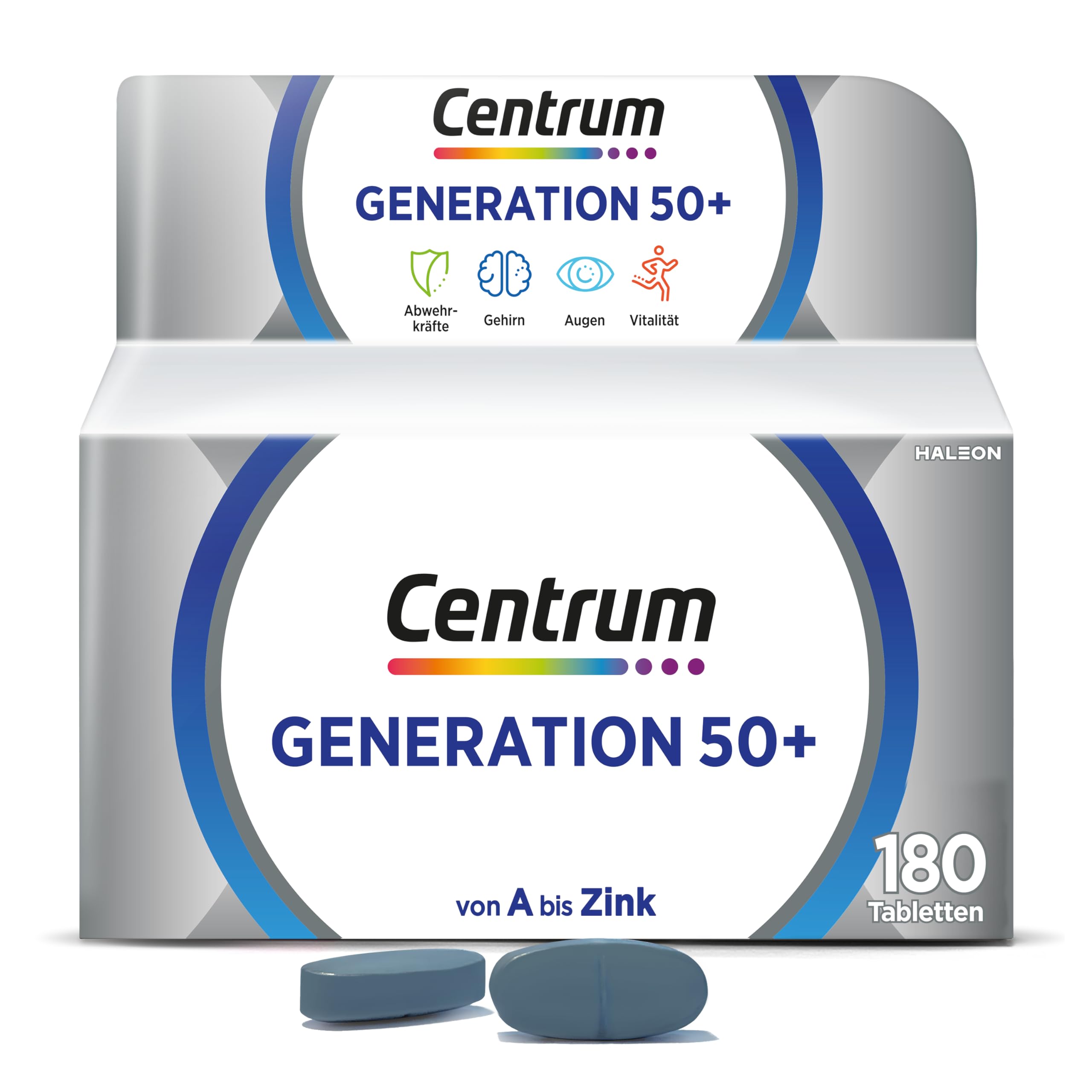 Multivitamin - Centrum Generation 50+ Hochwertiges Nahrungsergänzungsmittel mit Mikronährstoffen für Erwachsene ab 50 Jahren Vitamine Mineralstoffe Spurenelemente, 1x 180 Tabletten | Die hochwertige Komplettversorgung Generation 50+ mit lebensnotwendigen