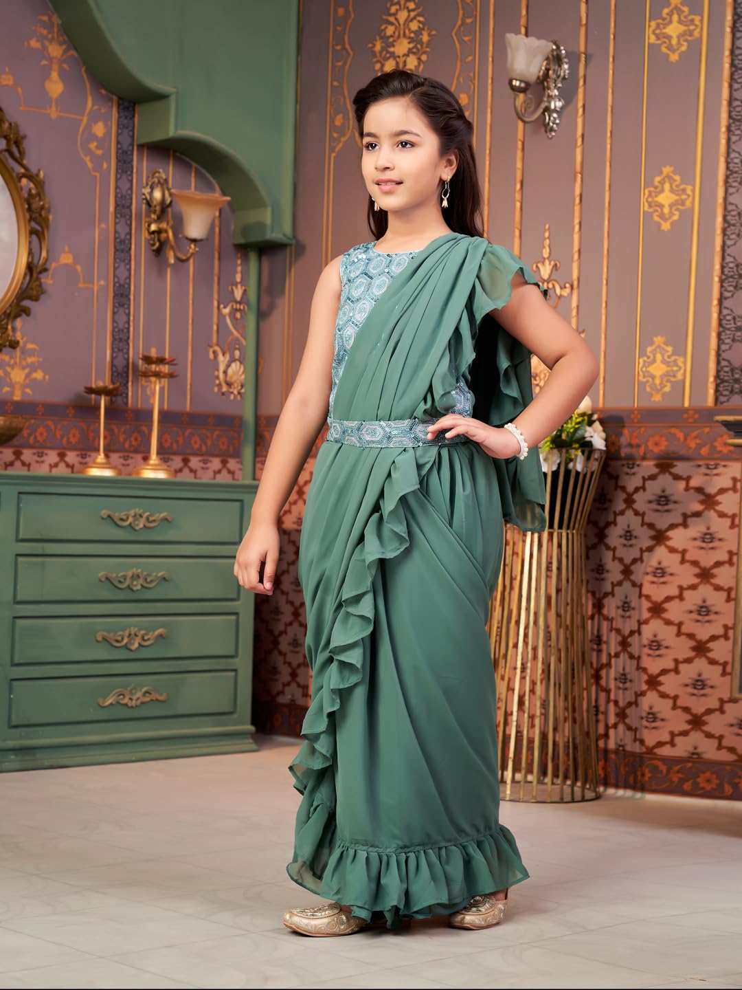 Aarika Girls Ethnic Wear Green Colour Sequin Embroidery Georgette Lehenga Choli Set With Attached Dupatta-4-13 Years (Lch-Shm-5014)