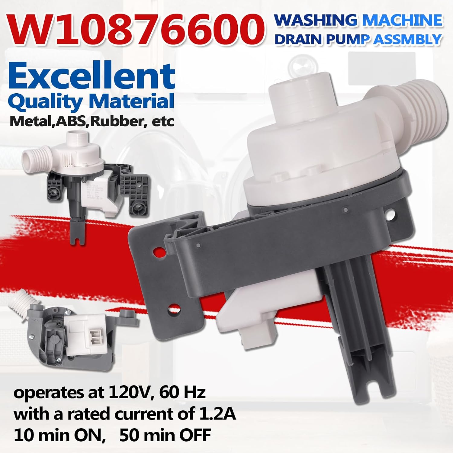 Washer Drain Pump #W10876600#W10727777 Fit for Whirl-pool May-tag Ken-more Cros-ley Top Loader Washing Machines, Replaces B25-3A04, W10876600VP, AP6004933, PS11738156