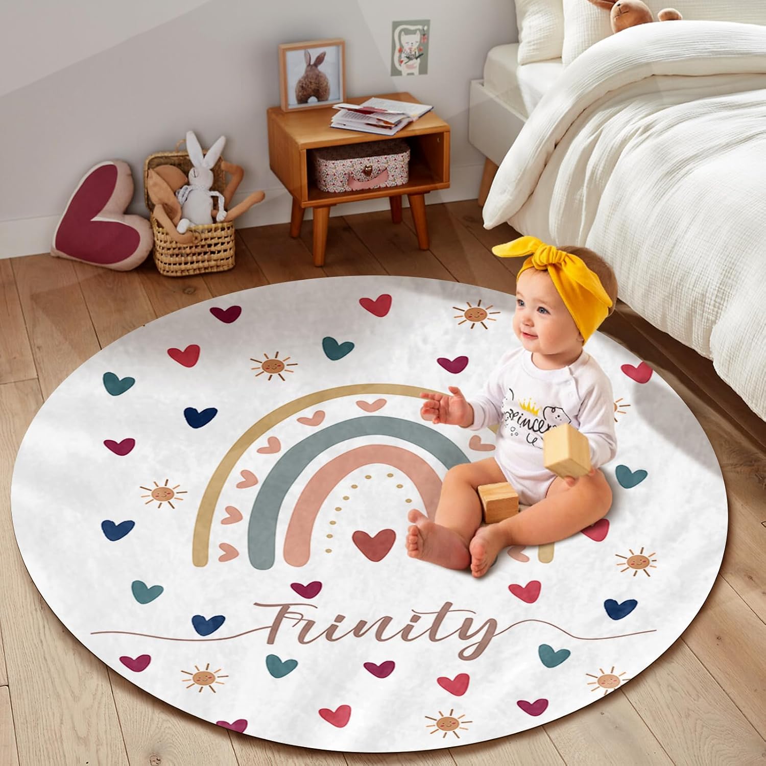 Custom Name Baby Rug - Nursery Mat for Baby Boys & Girls - Tummy Time, Crawling Mat - Round Rugs Fit Nursery & Bedroom - Rainbow Loving Heart (39.37"X39.37")