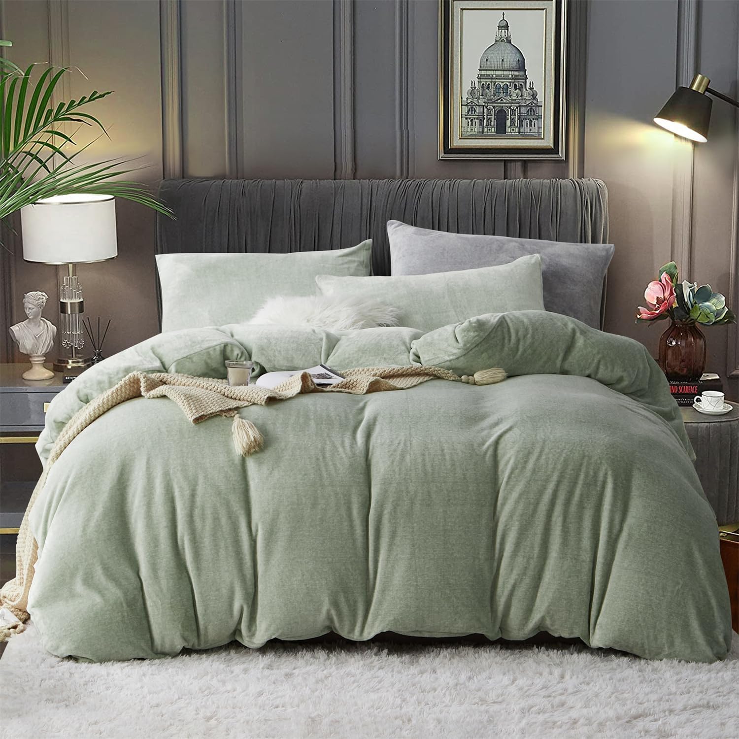Fluffy Velvet Duvet Cover Set Sage Green Twin Size Fall Winter Soft Warm Flannel Comforter Cover Light Green 68" x 90" Luxury Cozy Plush Fleece Reversible Bedding Duvet Cover Set 2pc