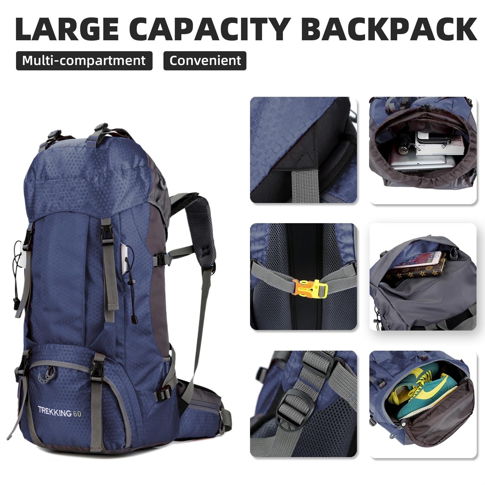 Plecak Turystyczny Plecak Trekkingowy 60L Plecak Turystyczny Plecak Turystyczny Dla Mężczyzn Wspinaczka Na Świeżym Powietrzu Torba Alpinistyczna(Navy)