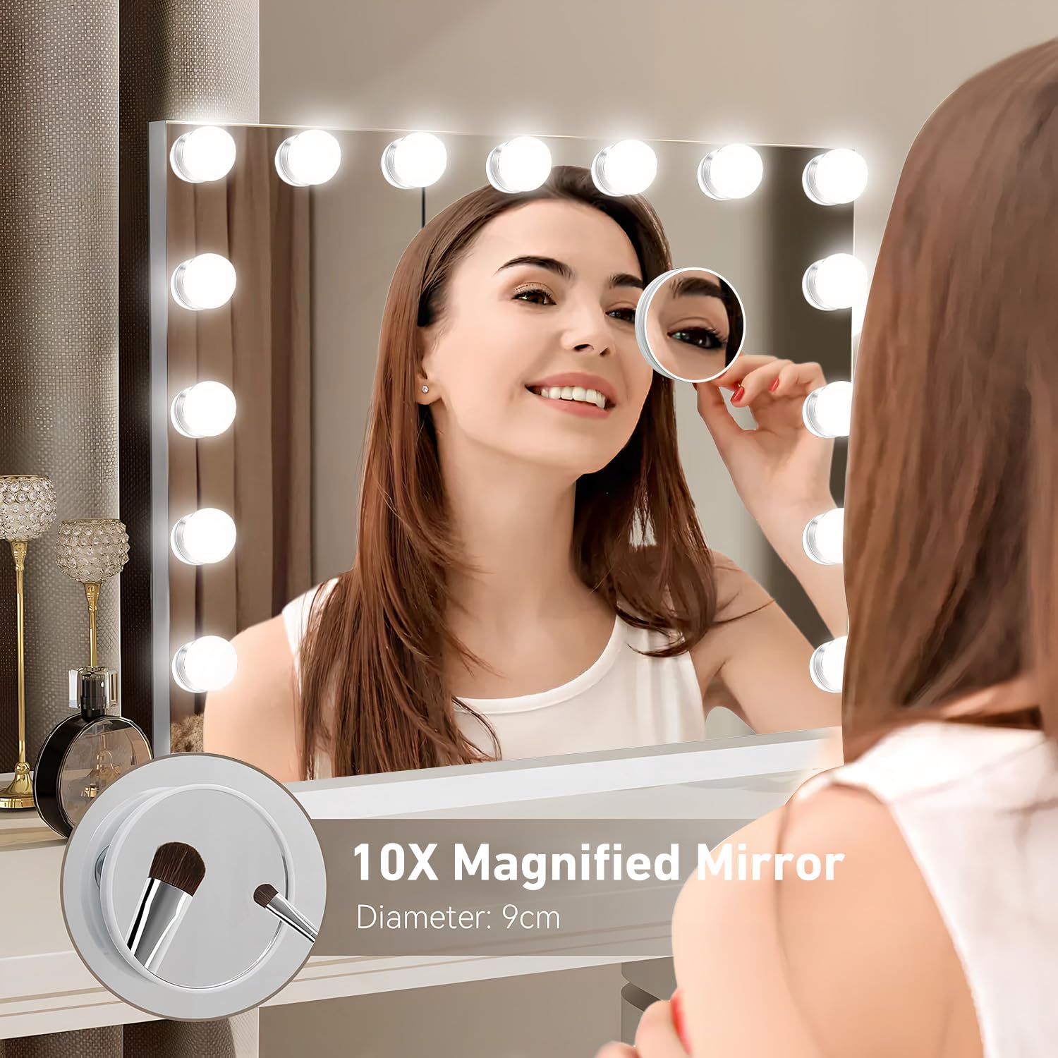 Genérico Espejo de Maquillaje con Luz LED, 3 Temperatura de Color, 15 Bombillas, Ajustable, Control Táctil, Enchufar, 58x46 cm, Montaje en Mesa y Pared, Carga USB