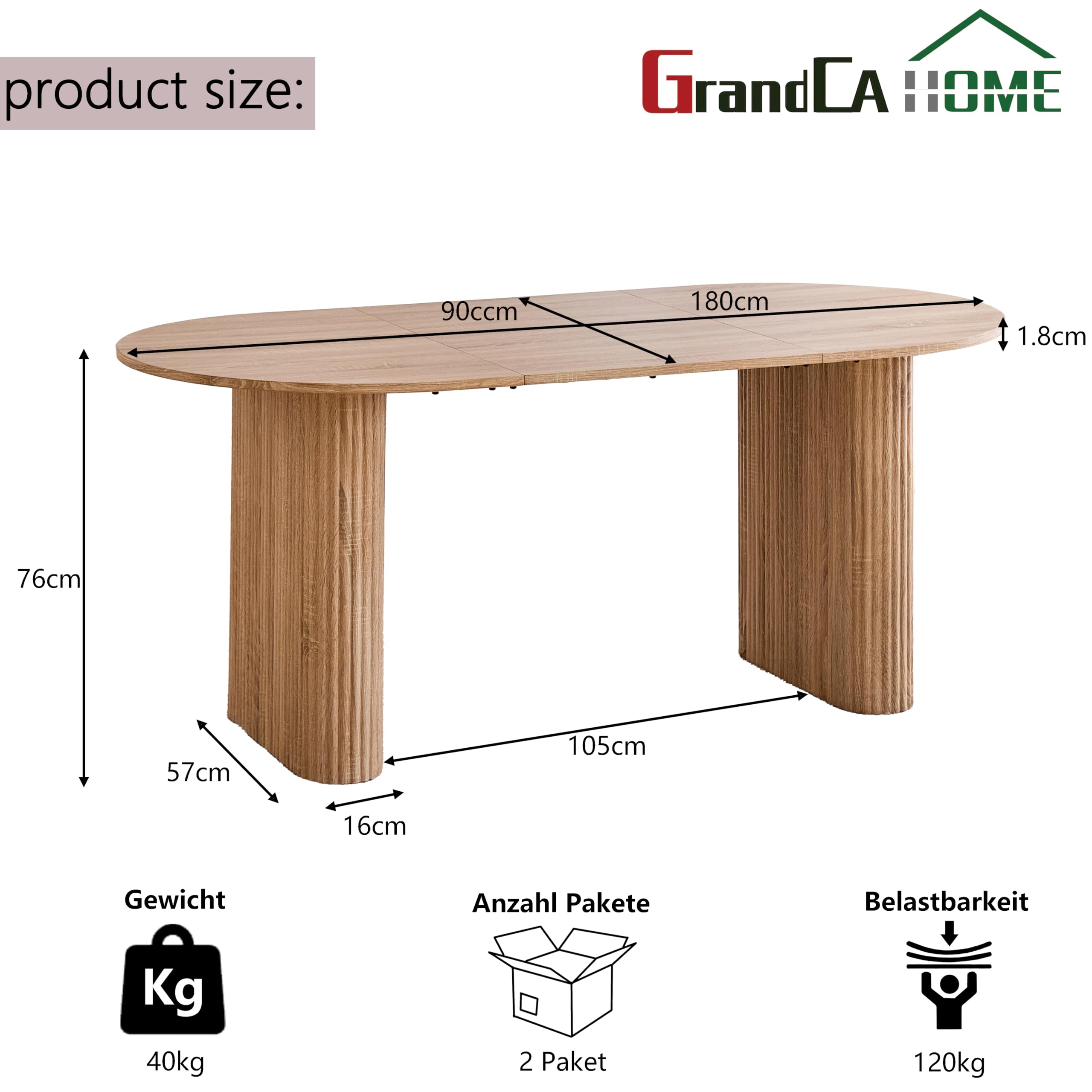 GrandCA HOME Table à Manger Ovale en Bois, Table de Cuisine Moderne de 180 CM, Grand Bureau en MDF pour 6 à 8 Personnes (Marron Clair)