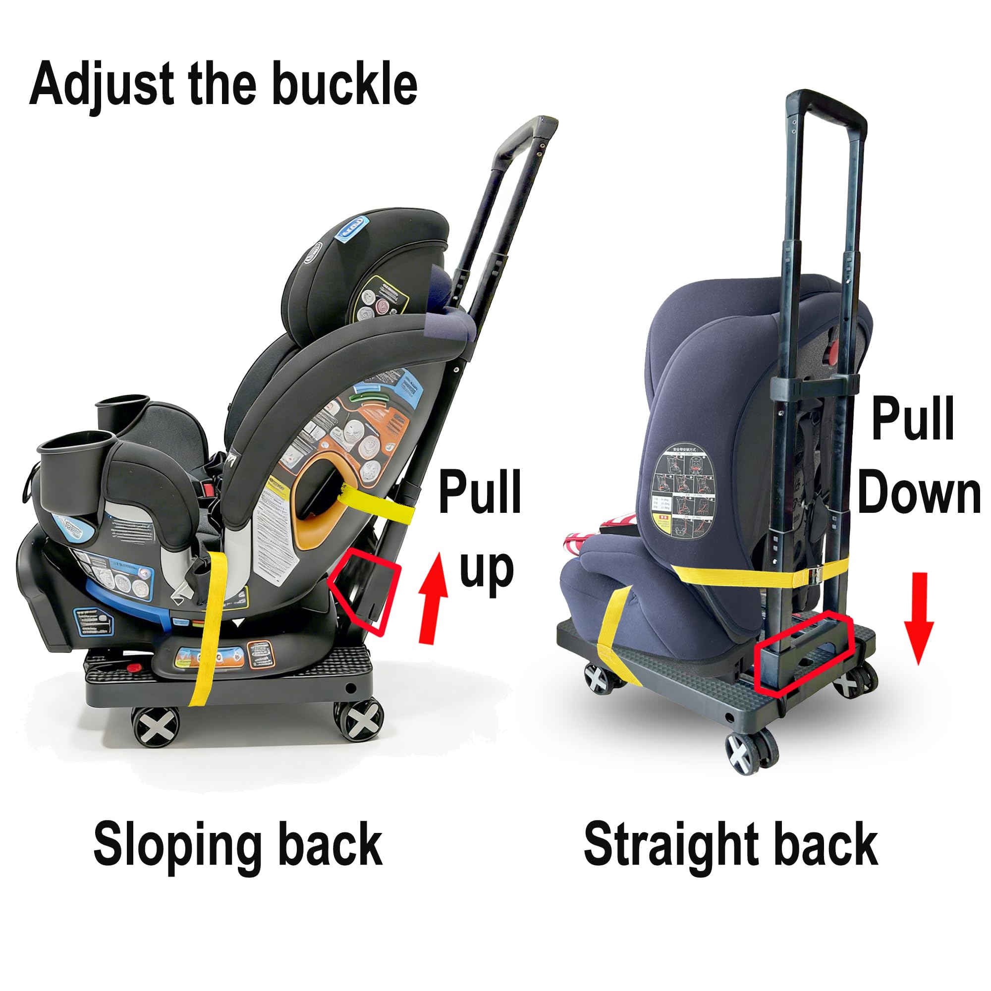 Carrito de asiento de coche para aeropuerto, color negro | CarSeat - Ruedas de carro de ruedas para avión, asiento de coche, carrito de viaje con correas, carrito de equipaje plegable